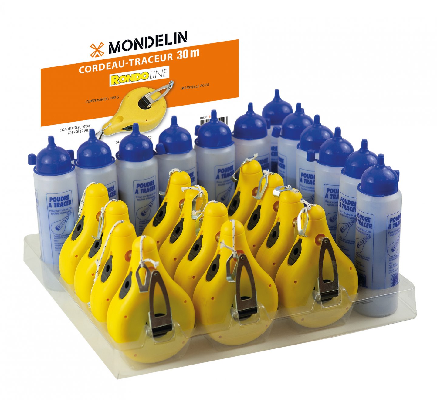 Chalk line reel + powder display