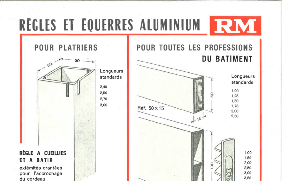 The first aluminium rules for levelling and smoothing plaster.